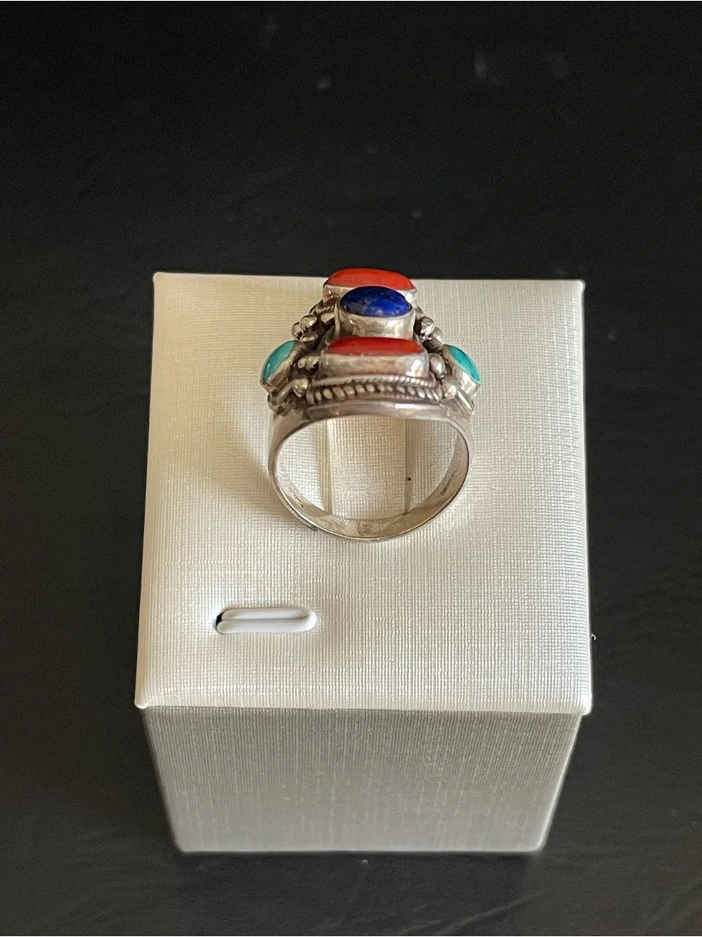 Vintage 925 Sterling genuine lapis turquoise,red coral Statement Ring.